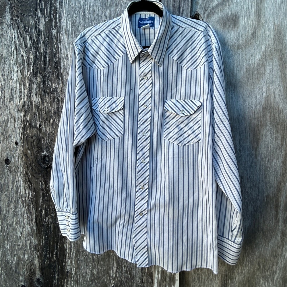 Vintage Wrangler Western Pearl Snap Shirt XL Blue White Stripe Cowboy Rodeo USA
